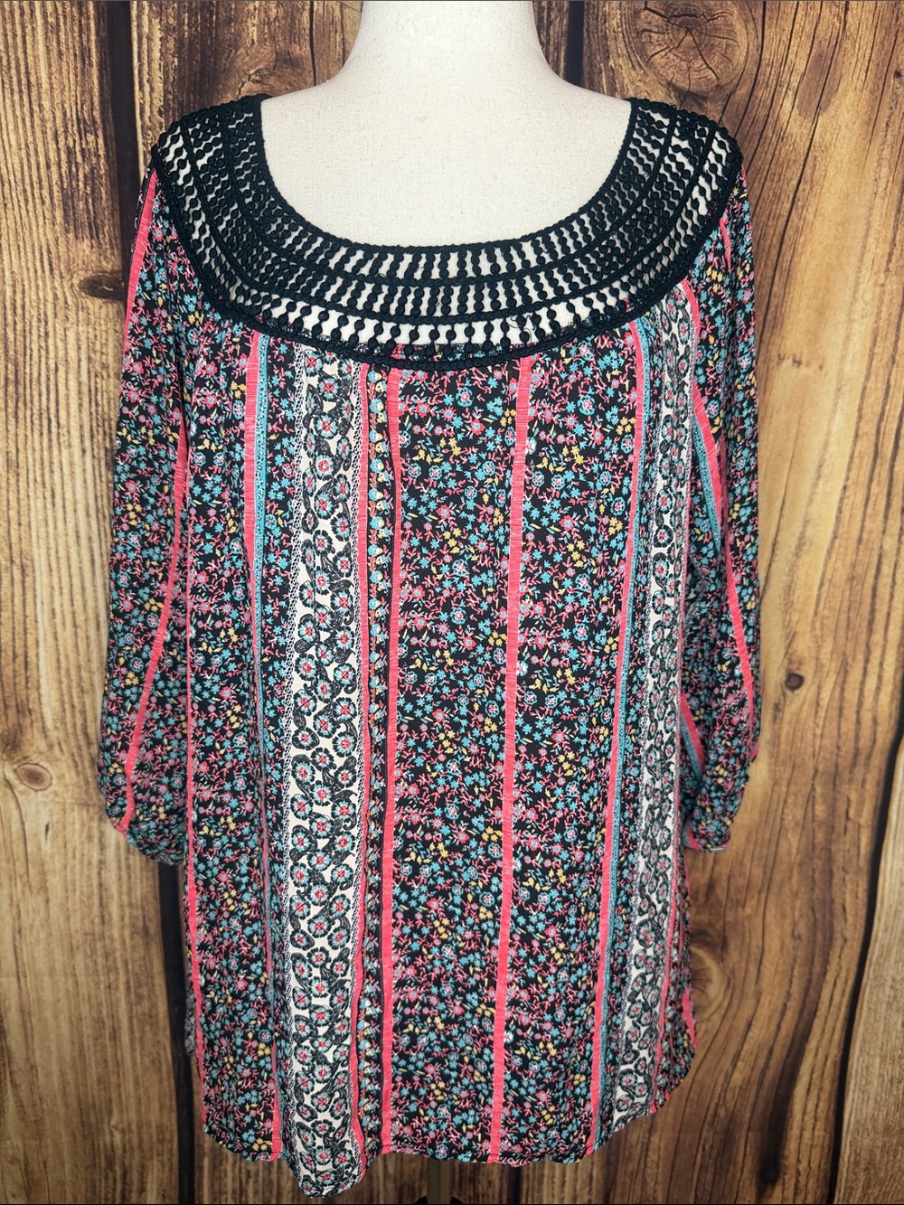 Eyeshadow Black Crochet Yoke Floral Stripe Tunic with Pink and Teal Accents